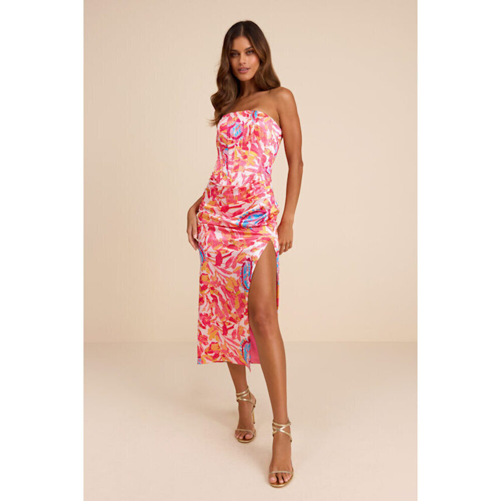 Lulus Deasia Pink Multi Floral Bustier Midi Dress - Size L